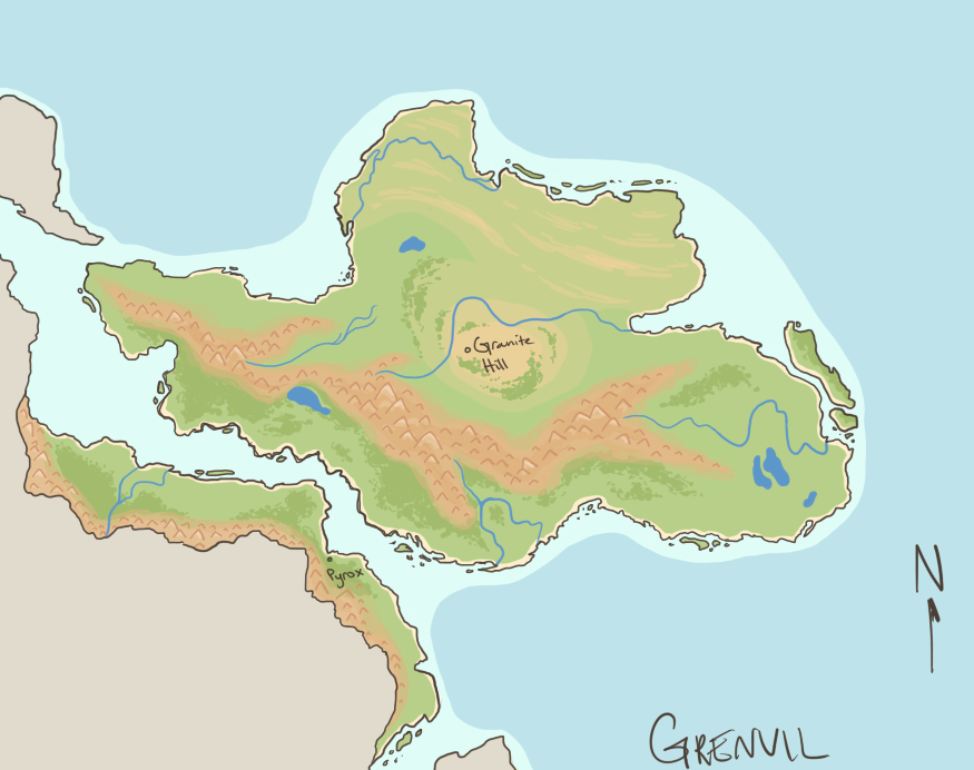 One of my earliest takes on what Grenvel should look like. Lots of minor changes, but the vibes are there.<br> I'd like to revisit the northern basin and range idea. Also Pyrox was a great name.