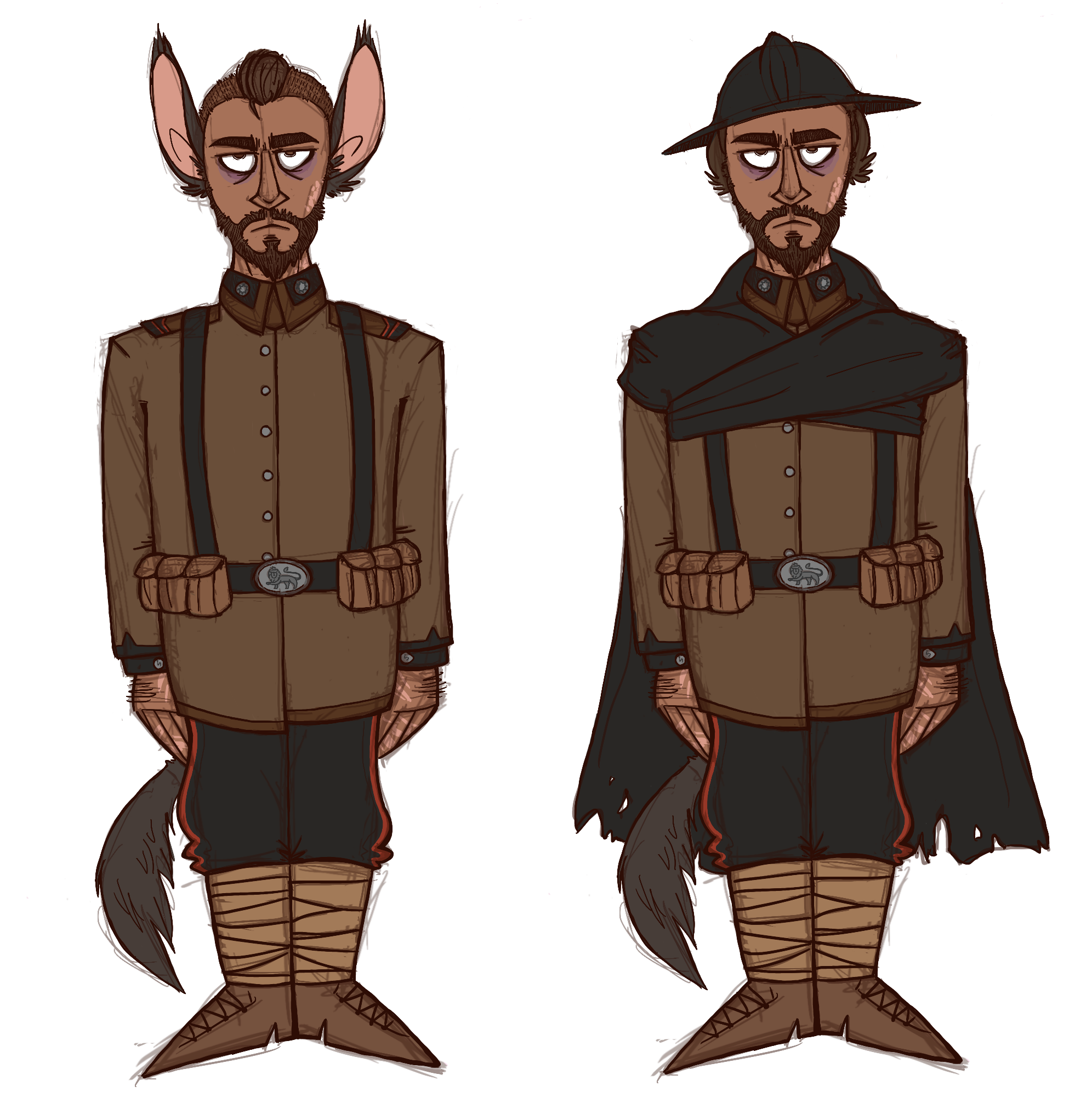Uniform reference. He has to strap those ears down to fit under the helmet.<br> It's as uncomfortable as you'd expect.